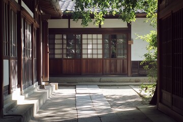 Japanese temple courtyard, sunlight filters through trees