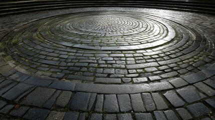 A close up shows a unique circular design paved with dark, rough stones