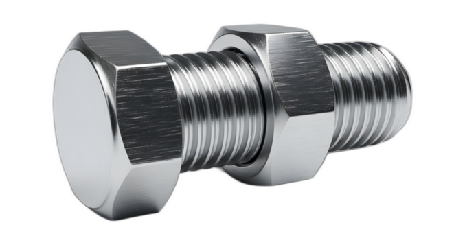 Silver metal bolt and nuts hardware industrial fastener construction engineering equipment mechanical part shiny on transparent background