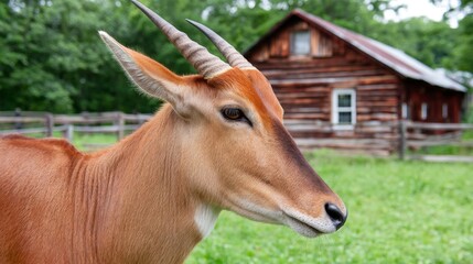 A close-up of a brown antelope with curving horns, rustic cabin blurred in background