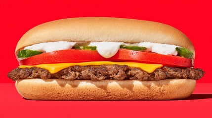 A close-up of a hamburger on a red background, with toppings