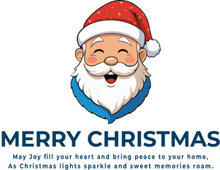 Christmas greeting logo vector with cheerful cartoon Santa Claus in red hat, white trim, and blue coat collar