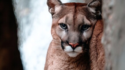A close-up of a mountain lion's face, staring intently with a subtle focus on its eyes