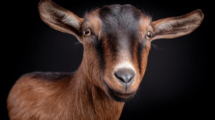 A close-up portrait of a brown goat with expressive eyes and a dark background