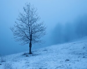 Lonely tree in a frosty, misty landscape