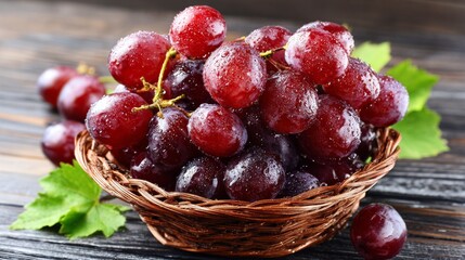 A close-up shot of a basket filled with ripe, red grapes with water droplets, on wood