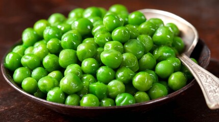A close-up shot of a bowl brimming with vibrant, glistening green peas, served with a spoon