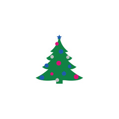 Obraz premium Festive green christmas tree decorated with colorful ornaments and lights