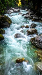 Rapid river flows powerfully through a rocky, forested canyon landscape