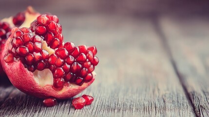 A close-up shot of a halved pomegranate, revealing glistening red seeds on a wooden surface