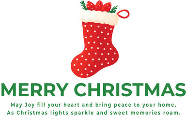 Christmas greeting logo vector with festive red stocking, white polka dots, greenery, and ornaments