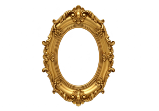 Ornate oval golden picture frame isolated on transparent background