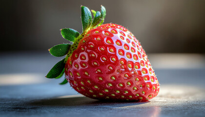 Close-up of a ripe, red strawberry with green leaves on a textured surface, illuminated by natural light.