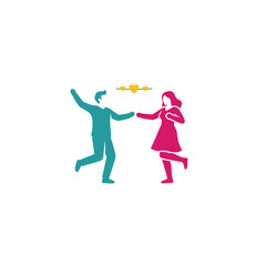 Joyful silhouettes of a couple dancing together with colorful hearts above