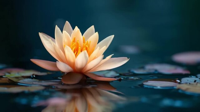 A Delicate Peach Water Lily Floats Serene On Dark Reflective Water Amidst Lily Pads