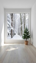 Fototapeta premium Cozy Winter Scene with Snow-Covered Trees and Minimalist Indoor Space Featuring Small Christmas Tree in Natural Light