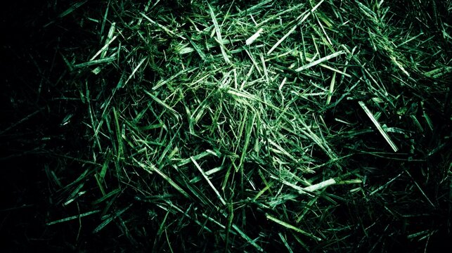 A close-up shot of green plant fibers scattered on a dark surface, natural, textured