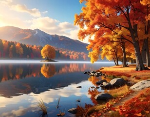 Scenic autumn landscape with a lake reflecting the fall foliage