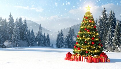 Festive decorated Christmas tree with gifts in a snowy winter forest landscape.