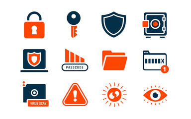 Collection of security and protection icons including a padlock key shield safe folder warning sign and eye representing data privacy and digital safety concepts