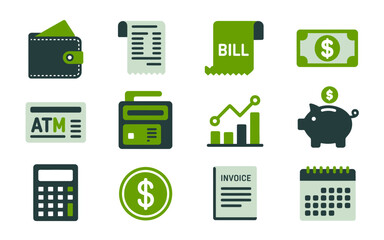 A collection of financial icons including a wallet receipt bill dollar bill atm cash register graph piggy bank calculator coin document and calendar representing money and business concepts