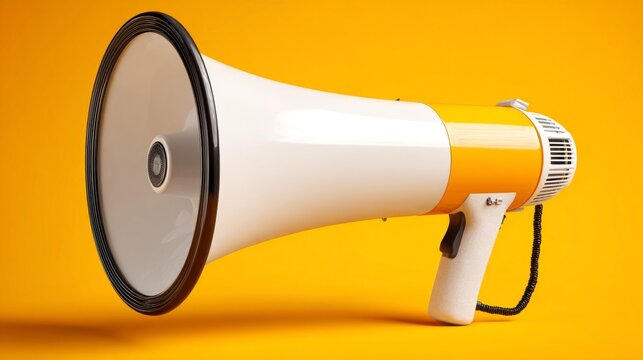 A close-up studio shot of a white and orange megaphone against a bright yellow background