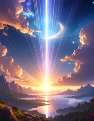 Scenic vista featuring a celestial beam descending upon a vibrant landscape