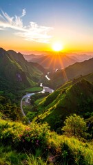 Scenic mountain valley bathed in sunlight at golden hour