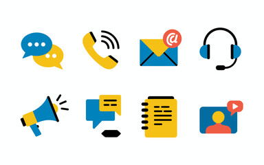 Collection of communication and contact icons including speech bubbles phone email headset megaphone chat document and video call for digital and business concepts