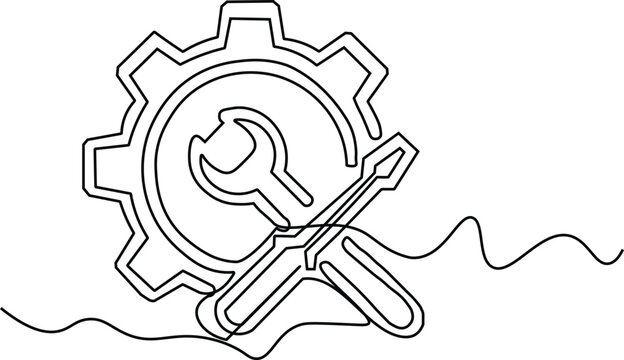Continuous line drawing illustration of a gear, wrench, and screwdriver. Hand drawn , Vector illustration. 