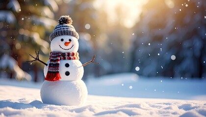 A cheerful snowman wearing a hat and scarf stands in a snowy winter landscape with falling snowflakes and warm sunlight.