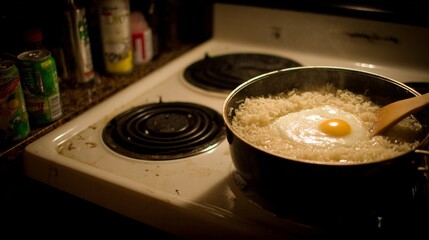 A close-up view of a pot of rice cooking on a stove with a fried egg. A wooden spoon stirs