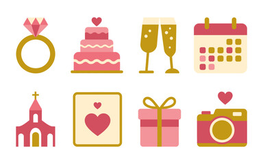 A collection of charming flat design icons representing elements of a wedding celebration including a diamond ring tiered cake champagne flutes calendar church greeting card gift box and camera