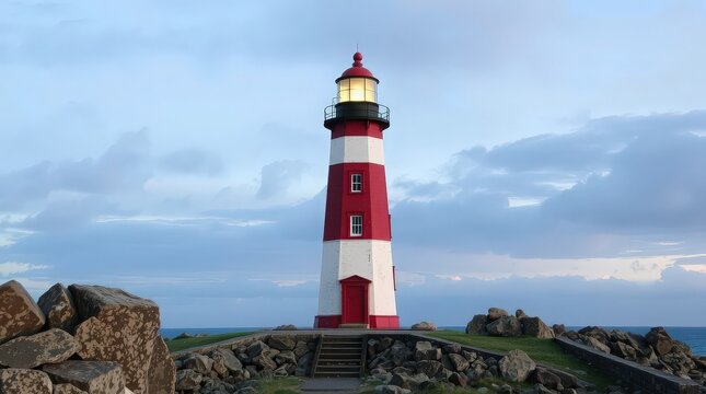 A red and white striped lighthouse stands tall against a cloudy sky near the ocean shoreline rocks