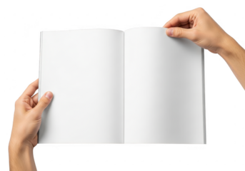 Hands holding open blank magazine pages isolated on transparent background