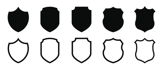 Classic shield badge silhouette collection for graphic design, emblem creation, logo templates and security icon artwork