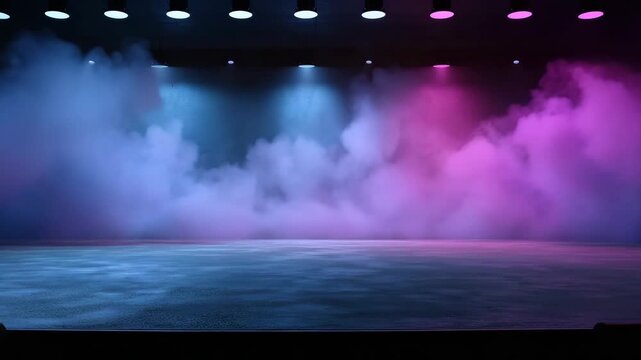 Atmospheric Stage With Blue And Pink Haze Illuminated By Stage Lights Awaiting Performance