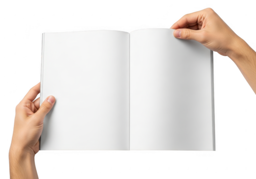 Hands holding open blank magazine pages isolated on transparent background