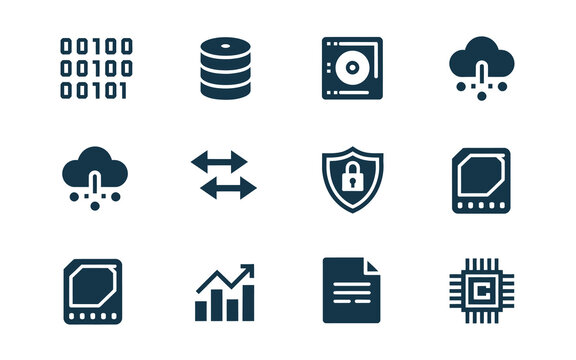 A collection of twelve dark blue digital icons representing various technology and data concepts including binary code cloud computing data storage security and networking on a white background