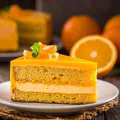 Slice of layered citrus cake with orange glaze on a white plate