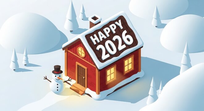Cartoon winter scene with a red house covered in snow and happy 2026 written on the roof