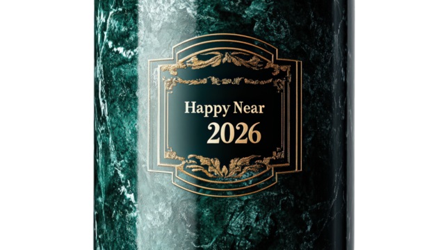 A marble pillar with a happy near 2026 message on a decorative frame in the center of the image