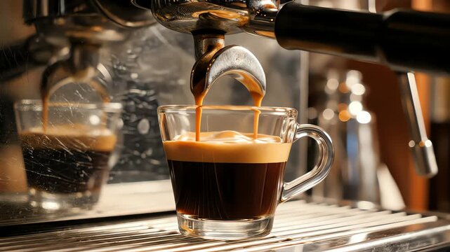 Espresso Machine Pouring Tasty Coffee into the Cup in UHD (Ultra High Definition), Highlighting the Liquid Motion and Detail.