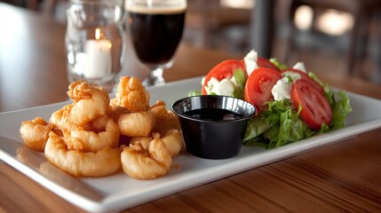 A plate features fried food, salad, and a dip alongside a dark beverage and a candle