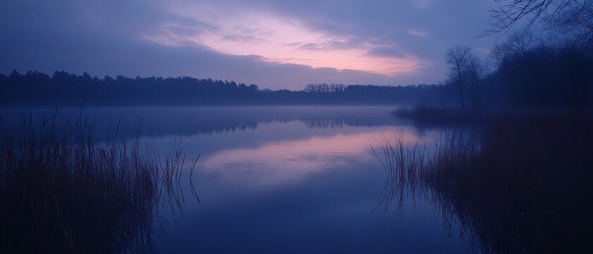 Misty lake at dawn/dusk, tranquil reflections