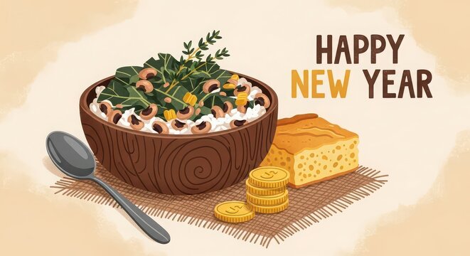 Illustration of a wooden bowl with black eyed peas and collard greens for new year's day meal