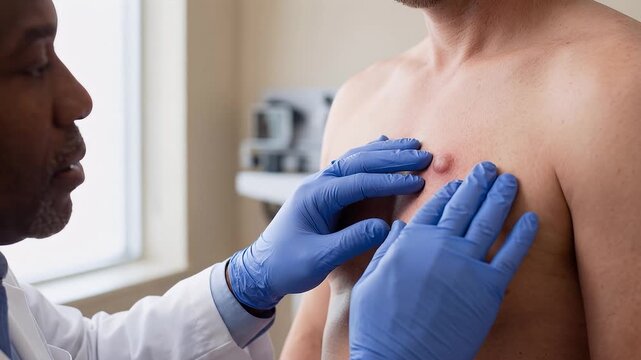 Black doctor examining lump on man's chest for male breast cancer diagnosis in modern medical office