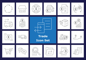 Trade Line Icons - E-commerce, Shipping, Money Transfer, Logistics, Finance Vector Icons. Online Shopping, Delivery, Global Business, Financial Documents.