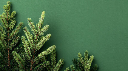festive Christmas background with evergreen tree branches on a solid green backdrop, perfect for holiday cards, banners, and seasonal designs.