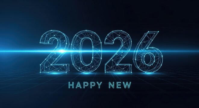 Digital render of happy new year with glowing year numbers and a light streak on a dark background